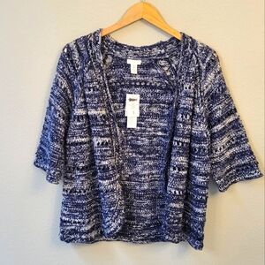 NWT Chico's Open Front Susie Space Dye Cardigan Size 3 (XL) Blue White Open Knit